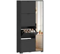 HOMCOM Zapatero Moderno Estrecho 16 Pares 82x30x168cm Negro | Zapatero estrecho, 4 cajones abatibles, 2 puertas espejo, estantes ajustables, pasillo, entrada.