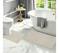 Homcomodar Juego de 2 alfombrillas de baño delgadas absorbentes, antideslizantes, lavables, con forma de U, con goma para baño, inodoro y bañera (beige y gris)