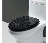 HOME& - Asiento de inodoro con purpurina negra, cierre suave, redondo y ovalado, fácil de instalar y limpiar, diseño de resina Slish, descenso automático, accesorio de baño moderno