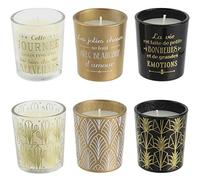 HOME DECO FACTORY - BO5134, Set de 6 Velas Perfumadas Surtidas Aroma Vainilla, Tarros de Vidrio Dorado, Negro y Transparente, Dimensiones 5,5 x 14,6 x 18,6 cm