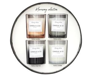 HOME DECO FACTORY - BO5458 Set de 4 Velas Aromáticas Harmony, Aromas Camelia, Ámbar, Ropa Limpia, Orquídea, 7h de Combustión, 5.9 cm, Colores Negro, Blanco, Gris, Naranja
