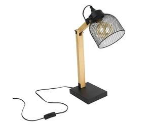 HOME DECO FACTORY - LA12069, Lámpara de Sobremesa Rejilla Metal Negro y Madera, Diseño Contemporáneo, Iluminación Versátil para Oficina, Dormitorio o Salón, Dimensiones 38x26x14 cm, Negro y Marrón