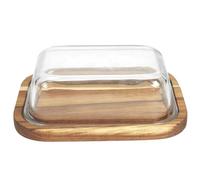 HOME DECO FACTORY Mantequera de Cristal y Acacia Transparente | Cristal y madera de acacia, mantequera, diseño elegante y práctico, servicio de mesa, resistente a la humedad, transparente
