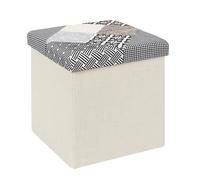 HOME DECO FACTORY Puf Baúl Plegable Patchwork Asiento y Almacenaje Gris | Madera MDF y poliéster, puf baúl plegable, motivo patchwork, asiento y almacenaje, entrada salón dormitorio, 38x38x38 cm
