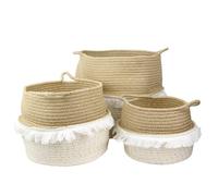 HOME DECO FACTORY - RG6123 Juego de 3 Cestas de Almacenamiento con Flecos - Diseño Étnico y Retráctil - Ideal para Estilo Decorativo - Tamaños S, M, L - Colores Blanco y Dorado