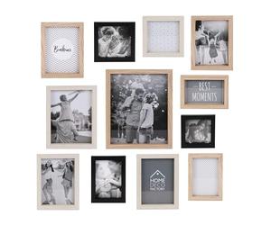 HOME DECO FACTORY Set de 12 Marcos de Fotos de Madera Multitamaño Beige | Madera MDF, set de 12 marcos de fotos, multitamaño, para colgar o colocar, decoración mural, beige crema y negro