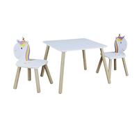 HOME DECO KIDS - HD6764 Mesa y 2 Sillas Unicornio para Niños - Muebles Decorativos para Habitación, Madera MDF y Pino, 55 x 55 x 43 cm, Blanco-Fucsia-Turquesa-Violeta