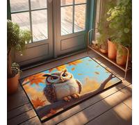 Home Decor - Felpudo de verano para puerta delantera, diseño de búho posado en una rama con hojas de otoño que caen alrededor de ella, tapete de baño (65 x 90 cm)