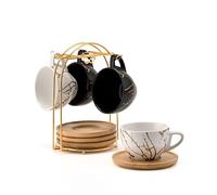HOME DECOR Juego de 4 tazas de capuchino de cerámica apilables de 220 ml y platillo con soporte de metal para amantes del café, capuchino, latte, americano y té, blanco y negro