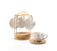 HOME DECOR Juego de 4 Tazas de Cerámica para Capuchino - 220 ml Apilables Con Platillo y Soporte de Metal - Para Amantes del Café, Latte, Americano y Té - Blanco