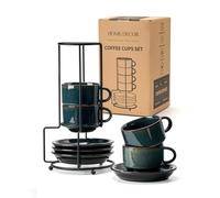 HOME DECOR Juego de tazas de café expreso, proceso de esmalte reactivo, 4 tazas de café de 140 ml con platillo y soporte, elegantes tazas de cerámica para espresso, café y latte, verde oscuro reactivo