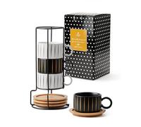 HOME DECOR Juego de tazas de cappuccino - 4 x 160 ml Tazas de café con plato y soporte - Elegantes tazas de cerámica para espresso, cappuccino y latte - Colección Stripe