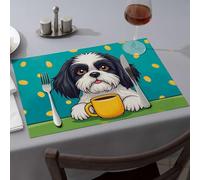 Home Decor - Manteles individuales de primavera con diseño de perro sosteniendo una taza de café con monedas que caen alrededor del comedor, manteles individuales de primavera, decoración de mesa de