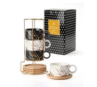 HOME DECOR Taza de café de cerámica apilable, tazas de capuchino de 160 ml y platillo con soporte de metal para espresso, capuchino y latte macchiato, juego de 4 - Colección Marble