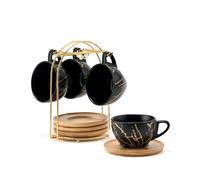 HOME DECOR Taza de café de porcelana con soporte de metal, tazas de café de cerámica de 8 onzas para americano, latte, café moca y té, juego de 4, dorado y negro, 1339-4BK