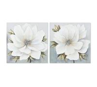 Home ESPRIT Cuadro Blanco Dorado Lienzo Madera MDF Flor Romántico 60 x 3 x 60 cm (2 Unidades)