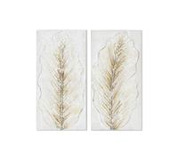 Home ESPRIT Cuadro Blanco Dorado Lienzo Madera MDF Hoja de Planta Romántico 30 x 2,5 x 60 cm (2 Unidades)