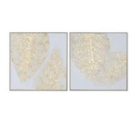 Home ESPRIT Cuadro Blanco Dorado Lienzo Madera MDF Moderno Hoja de Planta 82 x 4,5 x 82 cm (2 Unidades)