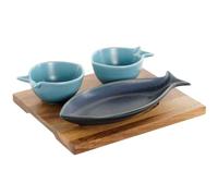Home ESPRIT Set de Aperitivo Azul Azul Cielo Porcelana Acacia Mediterráneo Peces 19,5 x 16,5 x 1,3 cm 4 Piezas