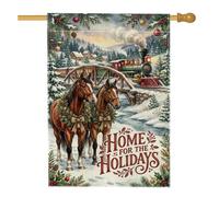 Home For The Holidays - Bandera de casa de caballos y tren, 71 x 101 cm | Tren de vapor, bandera de césped, paisaje de invierno, ramas de pino, coronas festivas, adornos navideños