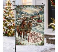 Home For The Holidays - Bandera de jardín de caballos y tren, 30,5 x 45,7 | Tren de vapor, bandera de césped, paisaje de invierno, ramas de pino, coronas festivas, adornos navideños