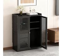 Home - Gabinete de almacenamiento multimedia de doble capa con diseño calado, con almacenamiento de enrutador WiFi, toma de corriente y estante oculto de gestión de cables, adecuado para estudios en