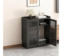 Home - Gabinete de almacenamiento multimedia de doble capa con diseño calado, con almacenamiento de enrutador WiFi, toma de corriente y estante oculto de gestión de cables, adecuado para estudios en