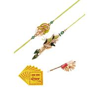 Home Genie Amelia Premium Rakhi Combo with Rajasthani Bandhej Design | With Zardozi Embroidery and Traditional Design | Rakhi Lumba Set for Brother | Rakhi Combo for Bhai Bhabhi