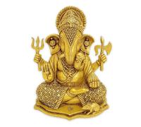 Home Genie Brass Ganesha Idol with Trishul & Axe | Ganpati Murti for Home Temple Decor | 4.5x6x7.5 cm | Vastu Ganesha Statue for Puja, Gift, Mandir, Office, Housewarming