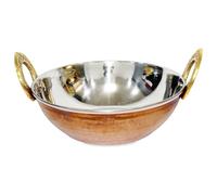 HOME GENIE Handcrafted Copper Kadhai with Stainless Steel Inner Layer | Dual-Layer Indian Serving Bowl with Brass Handles for Curry, Dal, Gravies, Gifting & Table Décor - 1 Pc
