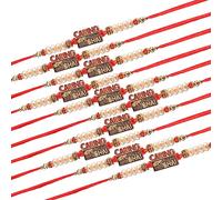 HOME GENIE Red Dora Rakhi for Bhaiya | Brother Font Dora Rakhi Tradicional | Golden Pearl Beads Rakhi | Rakhi Set for Bhai - Pack of 10, Eine Grösse