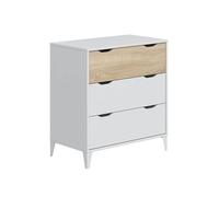 Home Heavenly® Cómoda Noive - 3 Cajones con Guías Metálicas - Diseño Compacto y Moderno - Patas Altas de ABS - 70,5x40x76 cm - Mueble Auxiliar para Dormitorio o Vestidor. Color Blanco/Roble