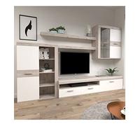 Home Heavenly® - Mueble salón 300x200 cm Paulo. Set de Mueble TV + estantería + Vitrina + 2 estantes. (Blanco-Roble Arena)
