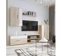 Home Heavenly® - Mueble salón Modular Bosco de 230 cm. Conjunto Completo Mueble TV + 2 vitrinas + Estante (Roble-Blanco)