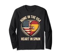 Home In The USA Heart In Spain Flag Spanish Roots American Manga Larga