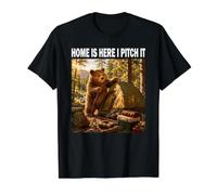 Home is Here I Pitch It Oso de Camping Aventura al Aire Camiseta gráfica económica, Hombre, Negro, S