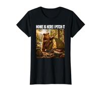Home is Here I Pitch It Oso de Camping Aventura al Aire Camiseta gráfica económica, Mujer, Negro, XS