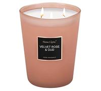 Home Lights Vela perfumada en tarro grande de diseño de lujo, 100% cera de soja natural, 33.26 oz, 3 mechas, altamente perfumada y duradera, rosa de terciopelo y oud