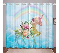 Home - Paneles de cortina de ventana para niños y niñas, juego de cortinas de unicornio con estampado de arcoíris para adolescentes y niños, decoración floral con purpurina azul, cortinas de tratamie