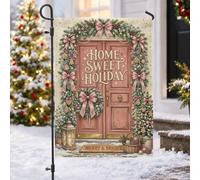 Home Sweet Holiday - Bandera de jardín de Navidad con cita frontal de 12 x | Guirnalda Evergreen, bandera de patio, lazos de melocotón, decoración de linterna, tapete de puerta de invierno