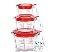 Home & Treat 6 Copas Medidoras de Cristal de Medición con 3 Tapas, Capacidad y Escala, 1 Taza/250 ml, 2 Tazas/500 ml, 4 Tazas/1000 ml, Jarras Medidoras Transparentes con Tapa y Asa para Cocina