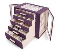 Homeanda Joyero grande para mujer, 2 capas, piel sintética, caja de almacenamiento para anillos, pendientes, collares, pulseras, relojes y accesorios para el cabello (morado)