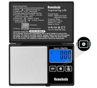 Homebuds 500g Bascula Precision en 0.01g con NIVEL BURBUJA, Asegurada por la Fábrica de Bascula de Precision DESDE 2001, Balanza Precision para Laboratorio, Cocina, Café, Joyería; 2*AAA, Negro