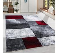 HomebyHome Alfombra 120x170 cm Pelo Corto Corte Contorno Rojo Gris Blanco diseño Cuadros Extra Suave Lavable para salón Dormitorio Comedor