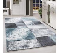 HomebyHome Alfombra 160x230 cm Pelo Corto Corte Contorno Azul Gris Blanco diseño Cuadros Lavable Extra Suave para salón Comedor Dormitorio