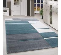 HomebyHome Alfombra 200x290 cm Pelo Corto Corte Contorno Azul Gris Blanco diseño Cuadros Extra Suave Lavable fácil de Limpiar para salón Dormitorio Comedor