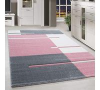 HomebyHome Alfombra 200x290 cm Pelo Corto Corte Contorno Rosa Gris Blanco diseño Cuadros Extra Suave Lavable fácil de Limpiar para salón Dormitorio Comedor