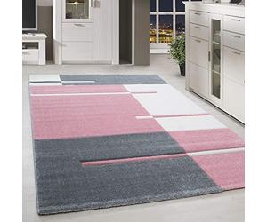 HomebyHome Alfombra 200x290 cm Pelo Corto Corte Contorno Rosa Gris Blanco diseño Cuadros Extra Suave Lavable fácil de Limpiar para salón Dormitorio Comedor