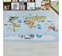 HomebyHome Alfombra Infantil Azul 120x170 cm Mapa del Mundo con Animales Diseño Moderno Antideslizante Lavable Suave Antialérgica Habitación