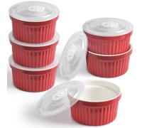 homEdge Juego de moldes de porcelana con tapa, 240 ml, cuenco para helado, taza de soufflé de ramequines para hornear, juego de 6 unidades, color rojo